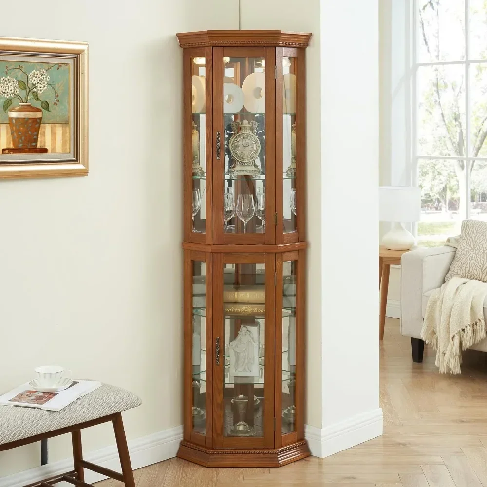 

Wooden Corner Display Curio Cabinet, Liquor Storage with Two Section Shelving Unit, Corner Curio Storage Rack