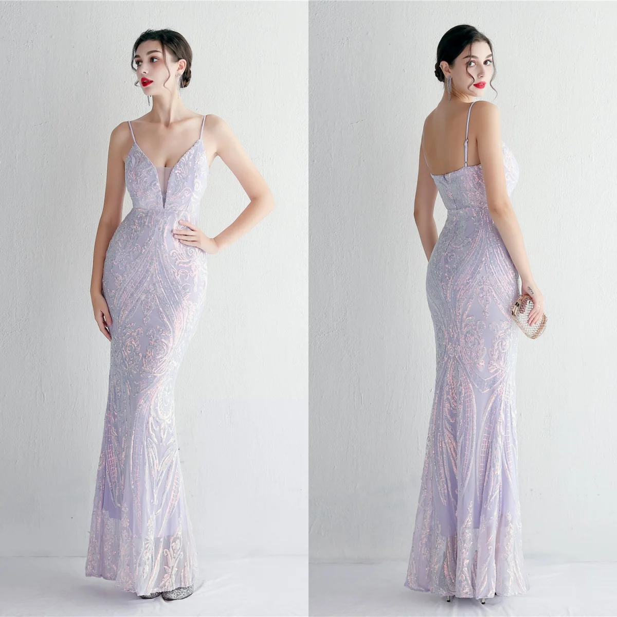 Evening Dresses Purple Sequins Stretchy Sgaphetti Straps Zipper Mermaid Trumpet Floor Length Slit Women Party Formal Gown YE314