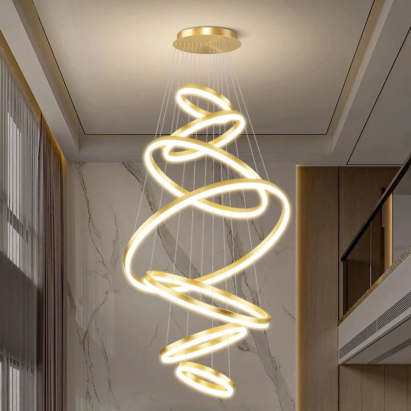 Plafonnier LED suspendu composé d'anneaux lumineux, design moderne, éclairage d'intérieur, luminaire décoratif de plafond, idéal pour un salon ou une salle à manger