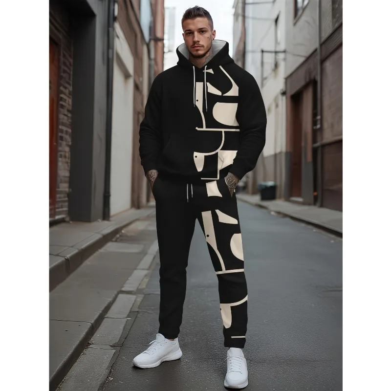 3D مطبوعة الرجال الكتف نمط مقنعين البلوز بلوزات وسراويل مزيج قطعتين مجموعة، الربيع والخريف مجموعة رياضية غير رسمية