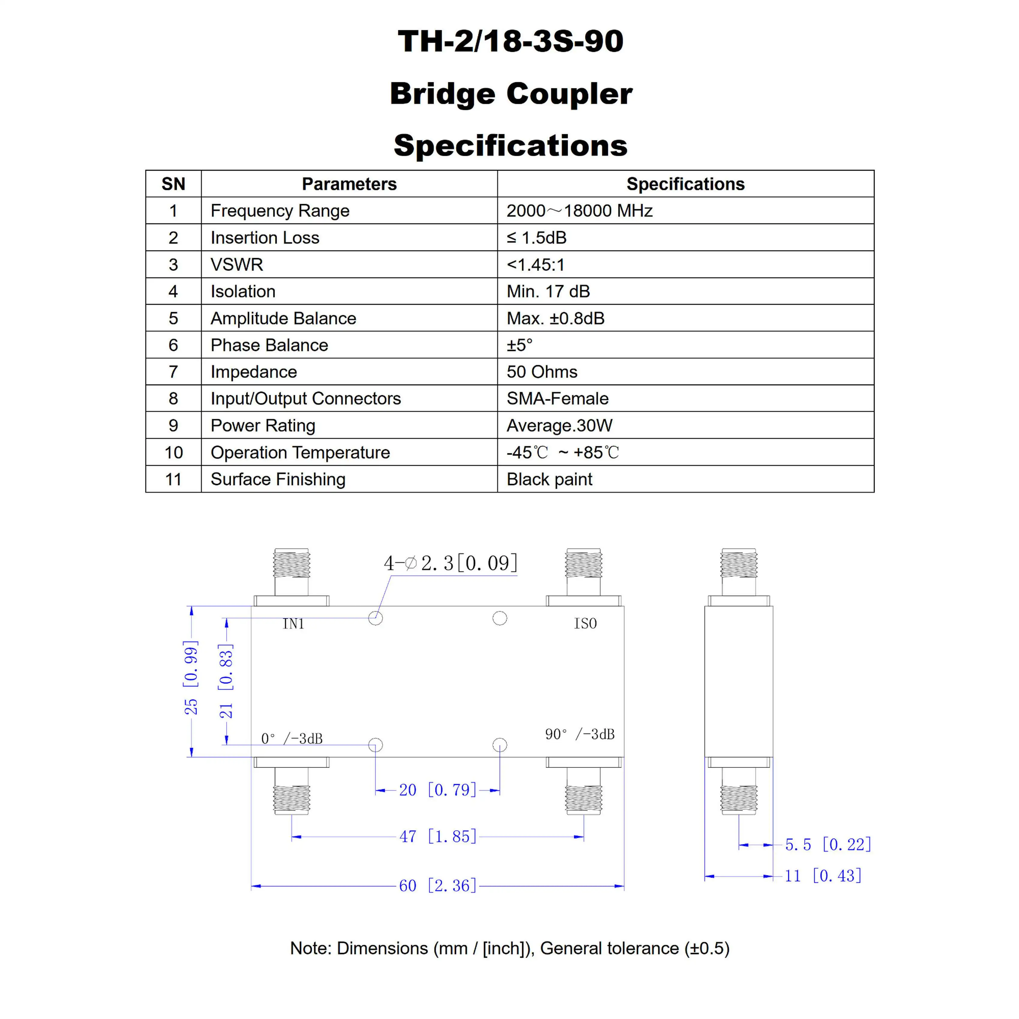 TH - 2/18-3 S - 90 2-18GHz 30W 90 Degree 3dB Bridge Wideband Coupler