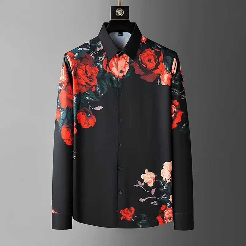 Luxury High Quality Mens Vintage Floral Print Long Sleeve Shirt Spring Social Club Wear Fashion Print Lapel Shirt