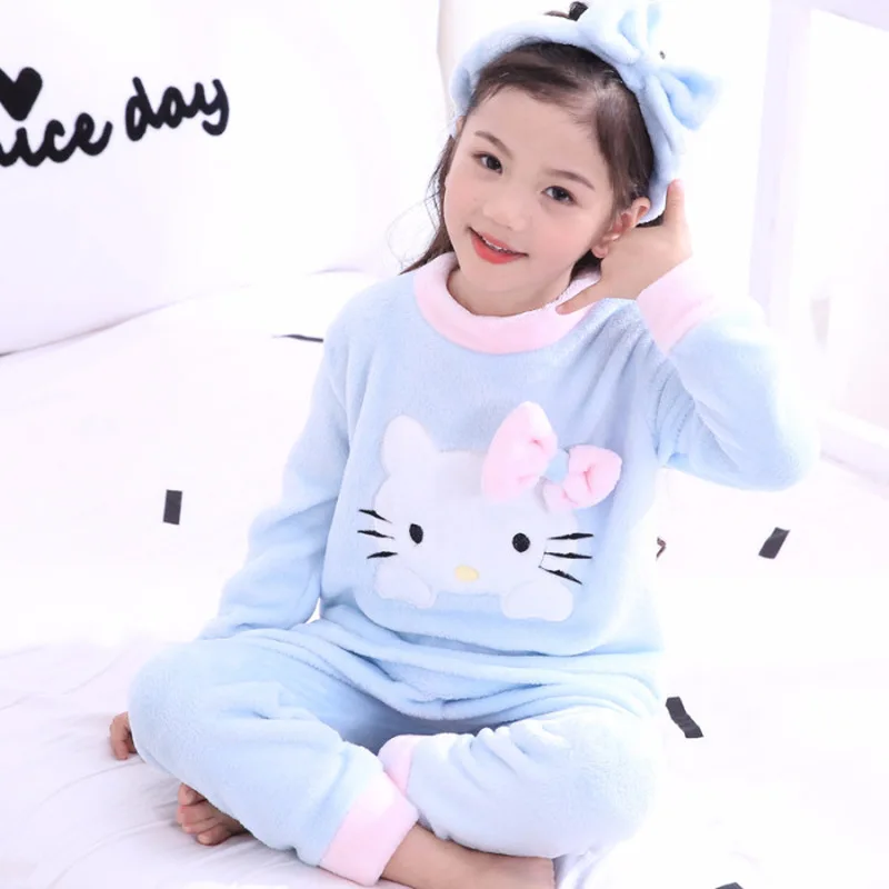 Cartoon Sanrio Hello Kitty Set Hairband Children's Winter Pajamas Flannel Girls' Thickened Pajamas Winter Sweet Home Clothes