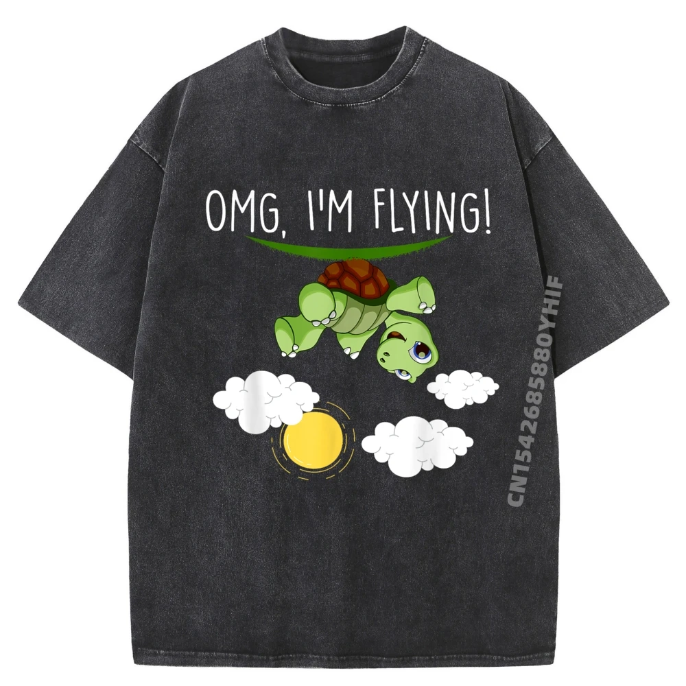 

Omg I M Flying Cute Tortoise Sea Turtle Sea Animal Mens Korean Fashion Vintage T Shirts Family Funny Washed Shirt