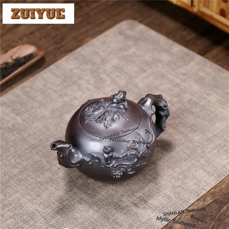 

410ml Retro Yixing Purple Clay Teapots Handmade Squirrel Grape Pot Raw Ore Antique Brass Mud Kettle Chinese Zisha Tea Set Craft