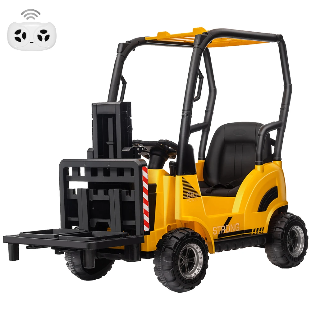 12V Kids Ride on Forklift Car with Tent, Electric Ride On Construction Car with Remote Control, Liftable Fork and Pallet