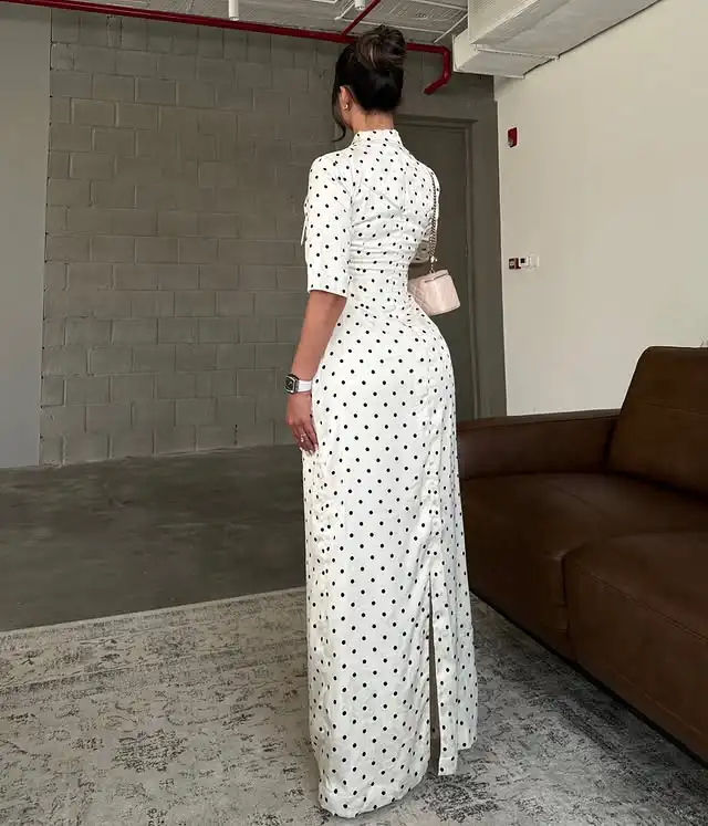 Customized Polka Dot Maxi Dress Square Neck Short Sleeve Wedding Party Gown A Line Floor Length Semi Formal Dress with Split