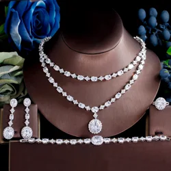 ThreeGraces 4pcs Elegant Geometric Cubic Zirconia Bohemian Two Layers Necklace Bridal Wedding Party Jewelry Set for Women TZ721