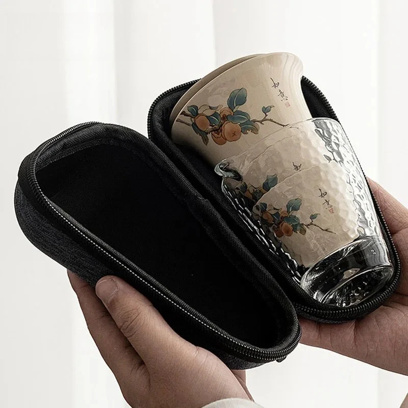 Retro Plant Ash Tea Cups Ceramic Portable Bag Teapot Outdoor Travel Gaiwan Cups of  Ceremony Kung Fu Tea Set Teaware Set