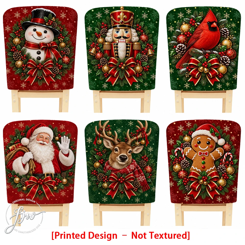 2/4/6pc Christmas Chair Back Covers Festive Holiday Dining Chair Slipcovers with Snowman Santa Nutcracker Designs