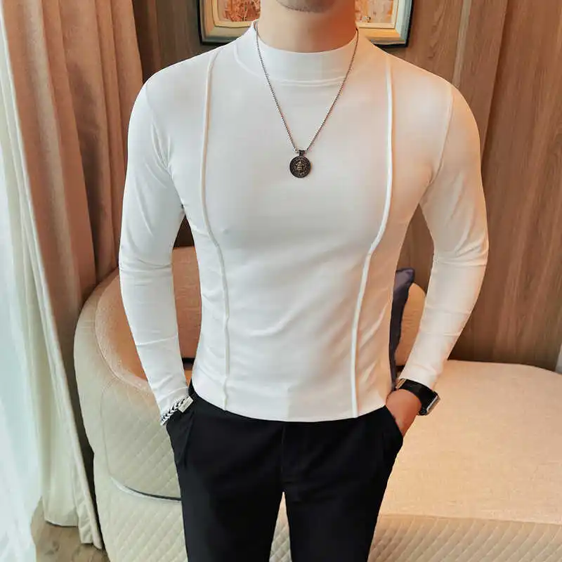 Spring Autumn New Semi Turtleneck Men's Tees Solid Color Line Decoration Elastic Slim Fit Long Sleeve T-Shirt Men Clothing 4XL-M