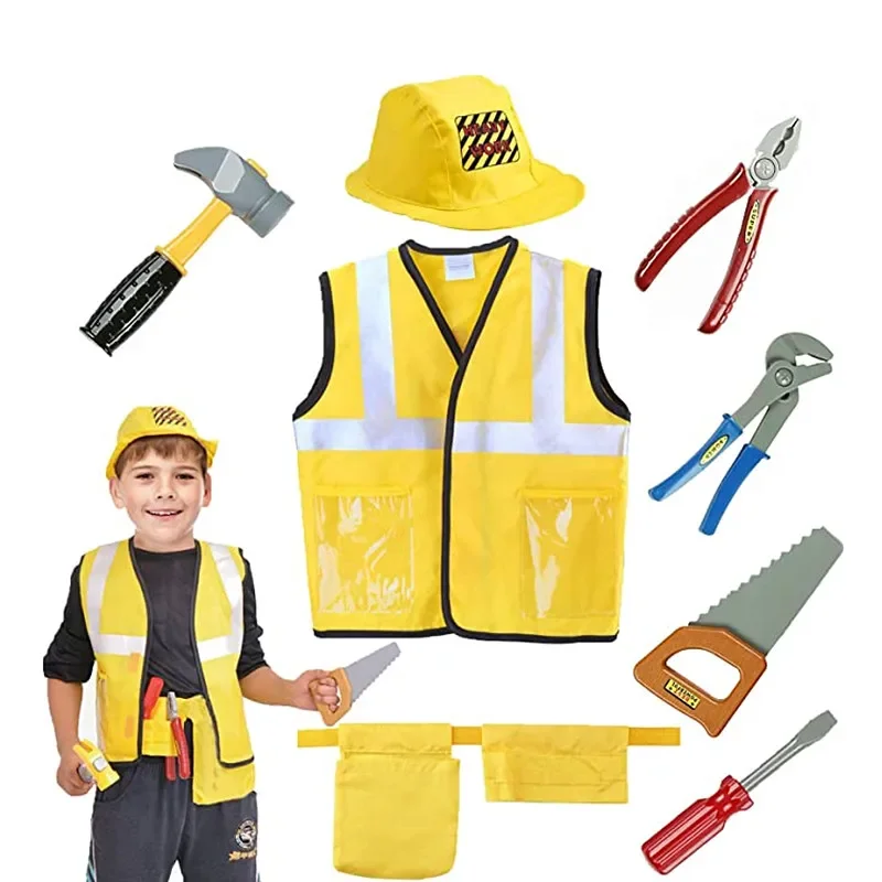 

Construction Worker Costumes for Boys, Toddler Dress Up Clothes, Kid Builder Career Outfit, Tool Belt Vest Hat, Cosplay Toy Set