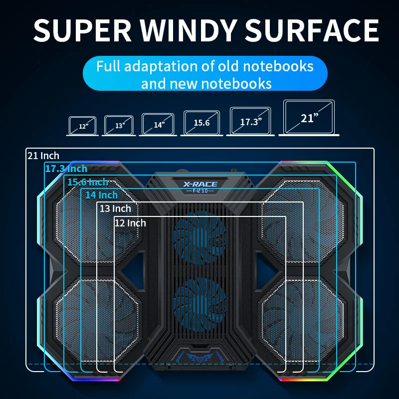 Supporto per Laptop da gioco RGB supporto per Notebook con dispositivo di raffreddamento ad aria con supporto per ventola di raffreddamento a 6 ventole per Laptop da 12-17 pollici