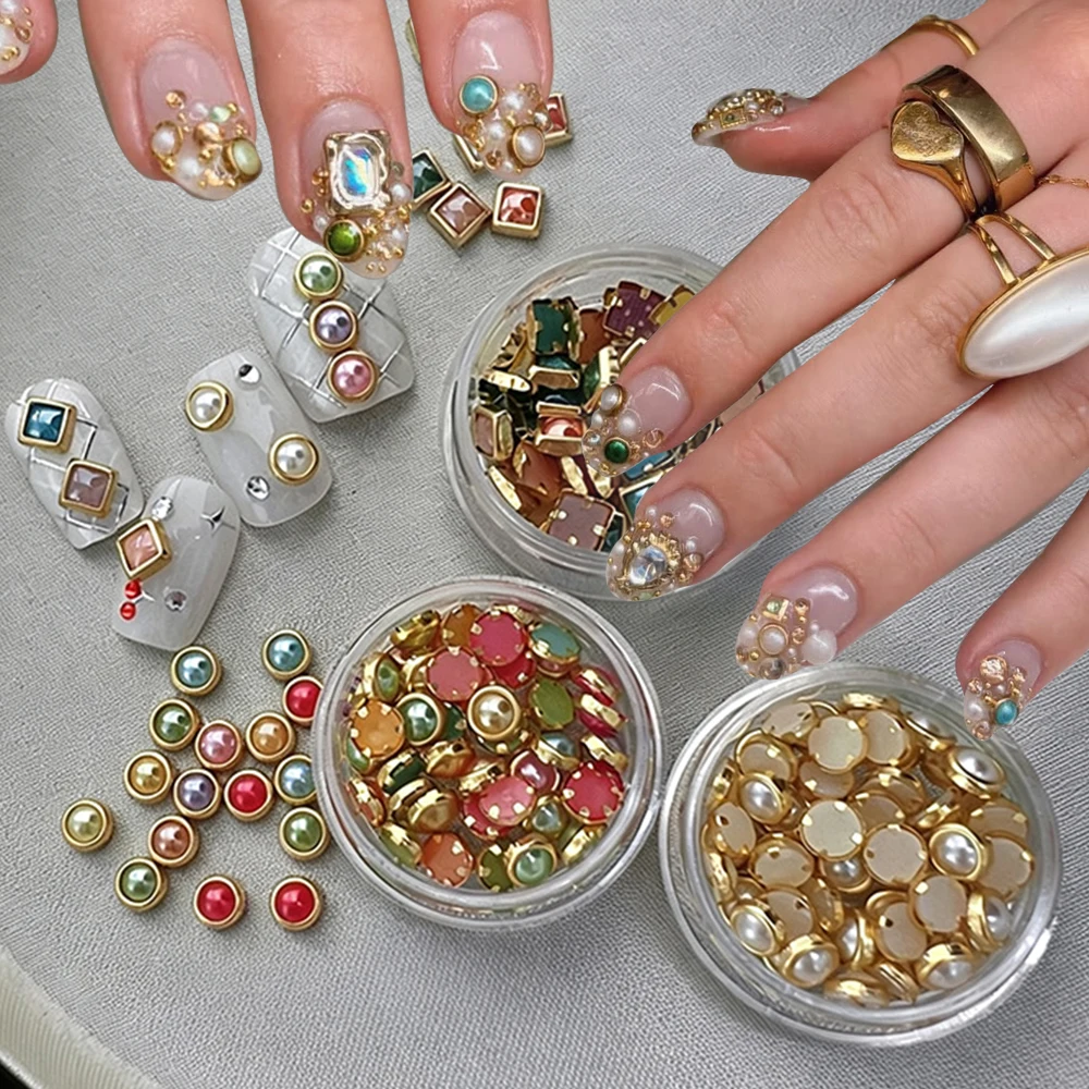1 Jar Vintage Baroque Nail Charms, Gold Frame Colorful Gems & Imitation Pearl Nail Rhinestones, Flatback 3D Nail Art Decors