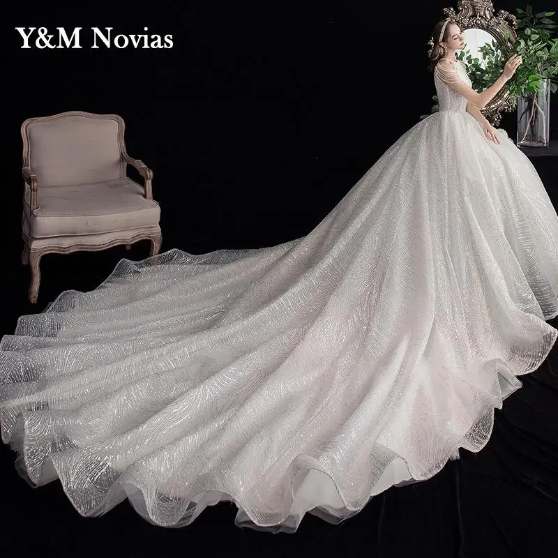 Y & m glitter luxo rendas doce elegante cabresto vestido de noiva noiva 2022 vestido longo trem lantejoulas grânulo noiva princesa plus size