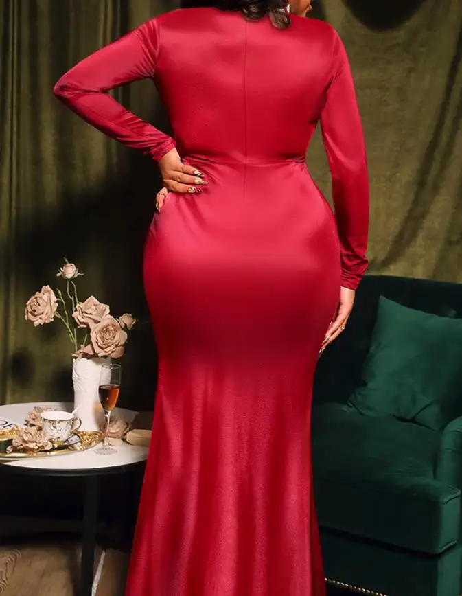 

Womens Dresses 2025 Spring Autumn New Metal Decor Mock Neck Ruched Slim Fit Party Dress Zipper Back Mermaid Hem Evening Dress