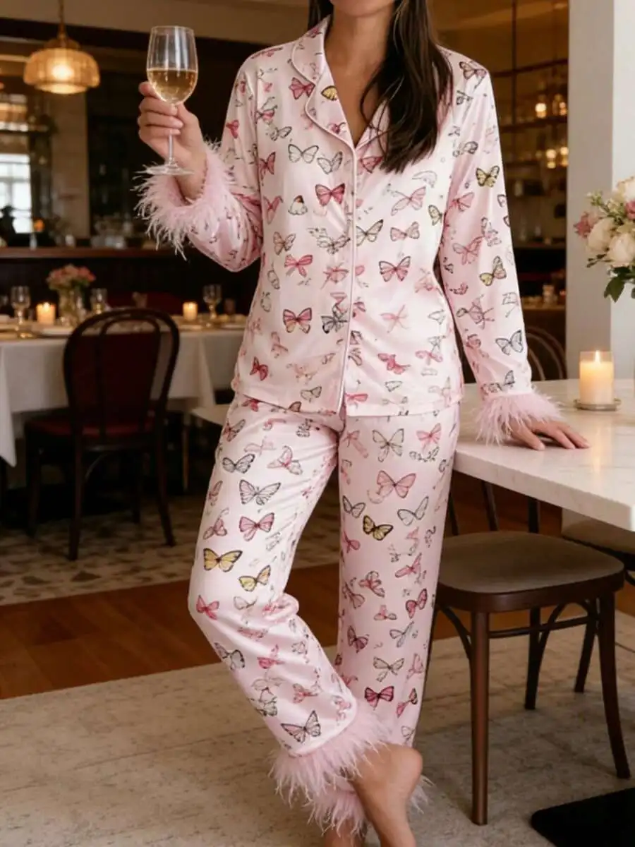 

Women Butterfly Print Feather Trim Pajama Set Silk Button Down Sleepwear Lounge Set