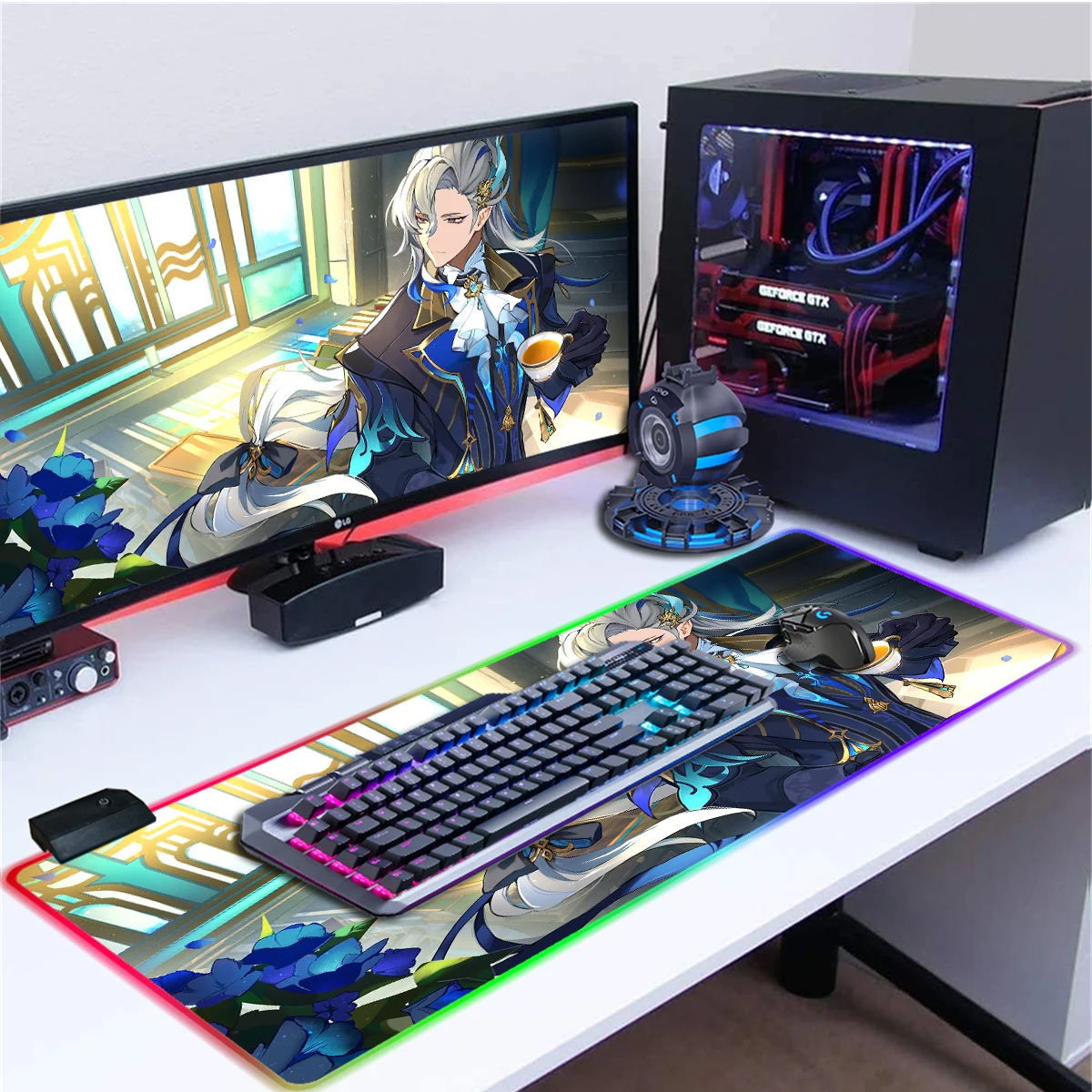 Anime RGB Mouse Pad Genshin Impact XXL Gaming Mouse Pad Large Desk Mat LED Light Game Mousepad Laptop Computer Mat