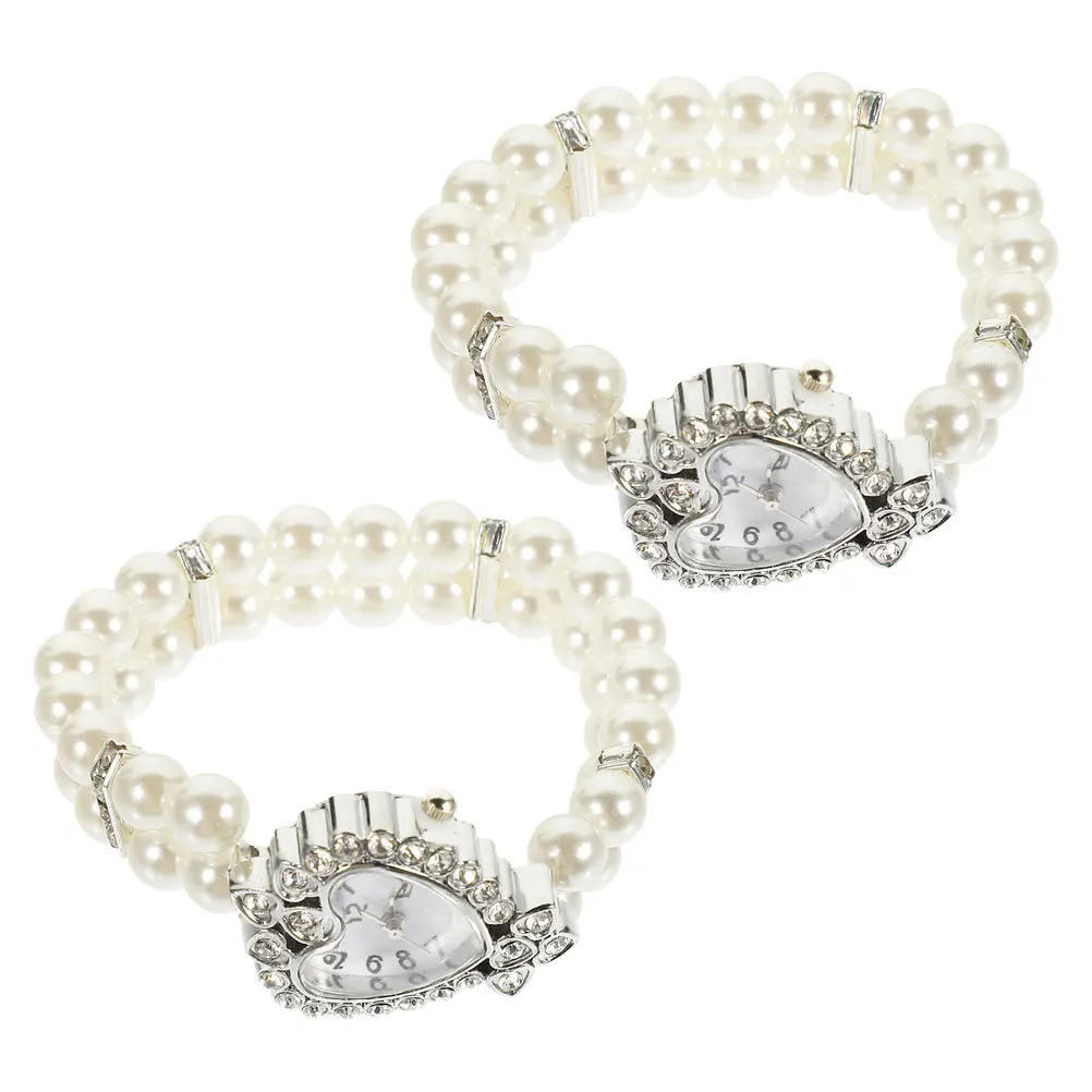 2 قطعة ساعة أنيقة على شكل قلب كريستال لؤلؤة سوار ساعة نسائية للحفلات الراقصة والمناسبات الخاصة للنساء ساعة حجر الراين