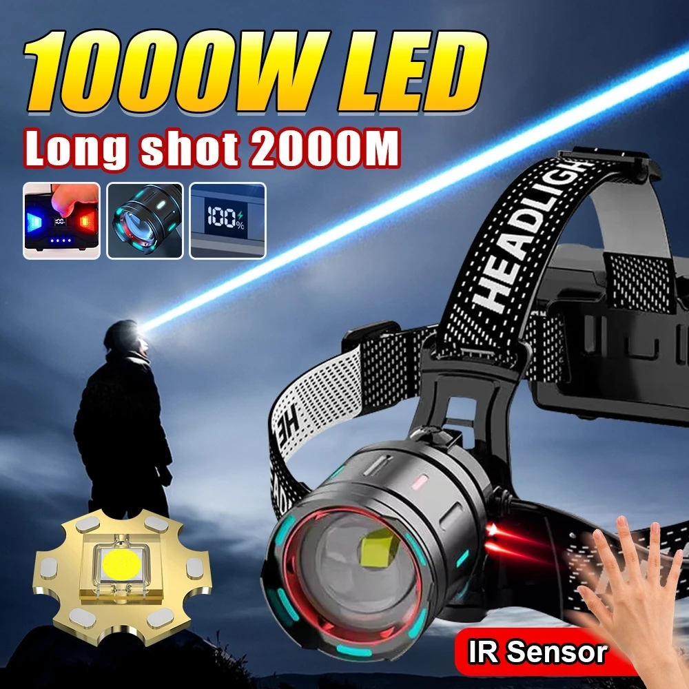 

1000000LM 1000W Powerful LED Headlamp 18650 Headlight Recharge Head Flashlight Long Range Spotlight Head Lantern For Fishing