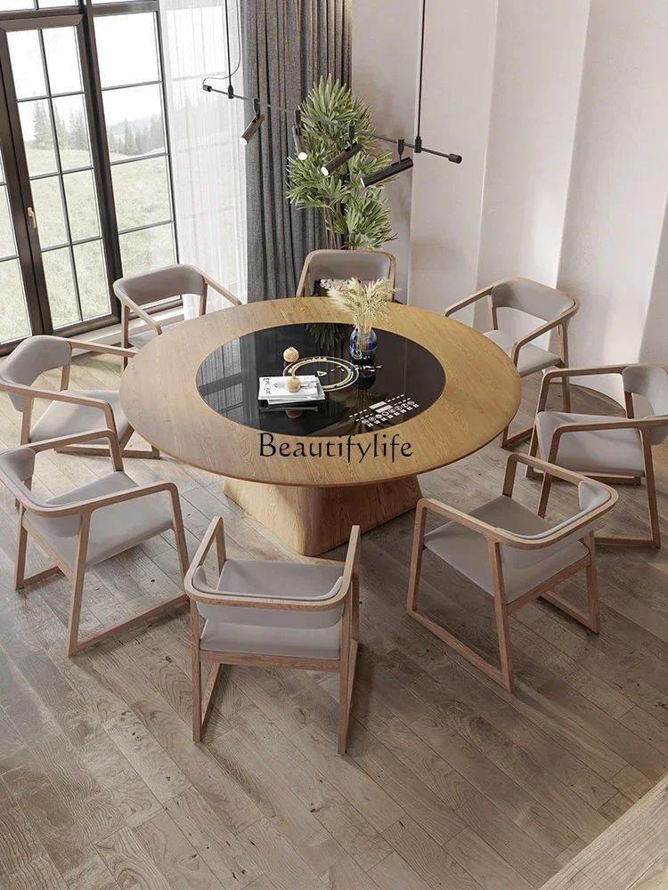 

Solid wood round dining table with built-in turntable hot pot induction cooker dining table with turntable
