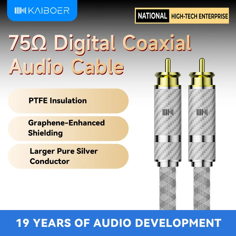 Kaiboer 1PCS Pure Silver HiFi 75Ω Coaxial Digital Audio Cable Audiophile-Grade SPDIF Subwoofer Coaxial Connection Cable Shielded