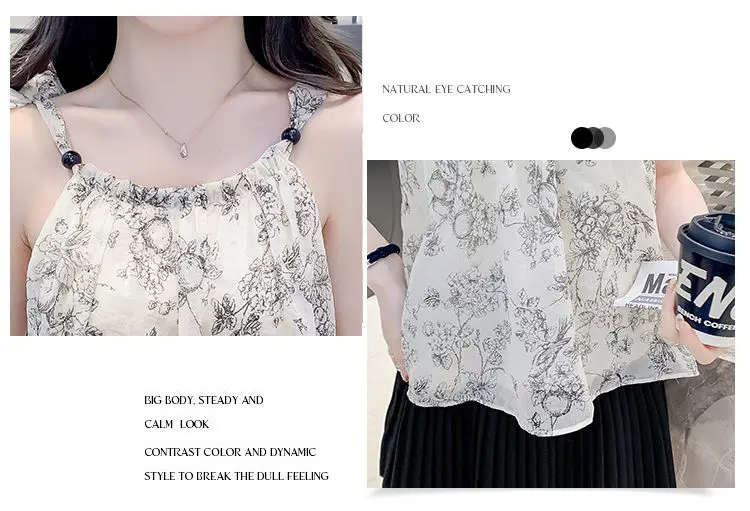 سترة بحمالات على شكل زهور للنساء مع بلوزة شيفون أنيقة قصيرة بدون أكمام للنساء