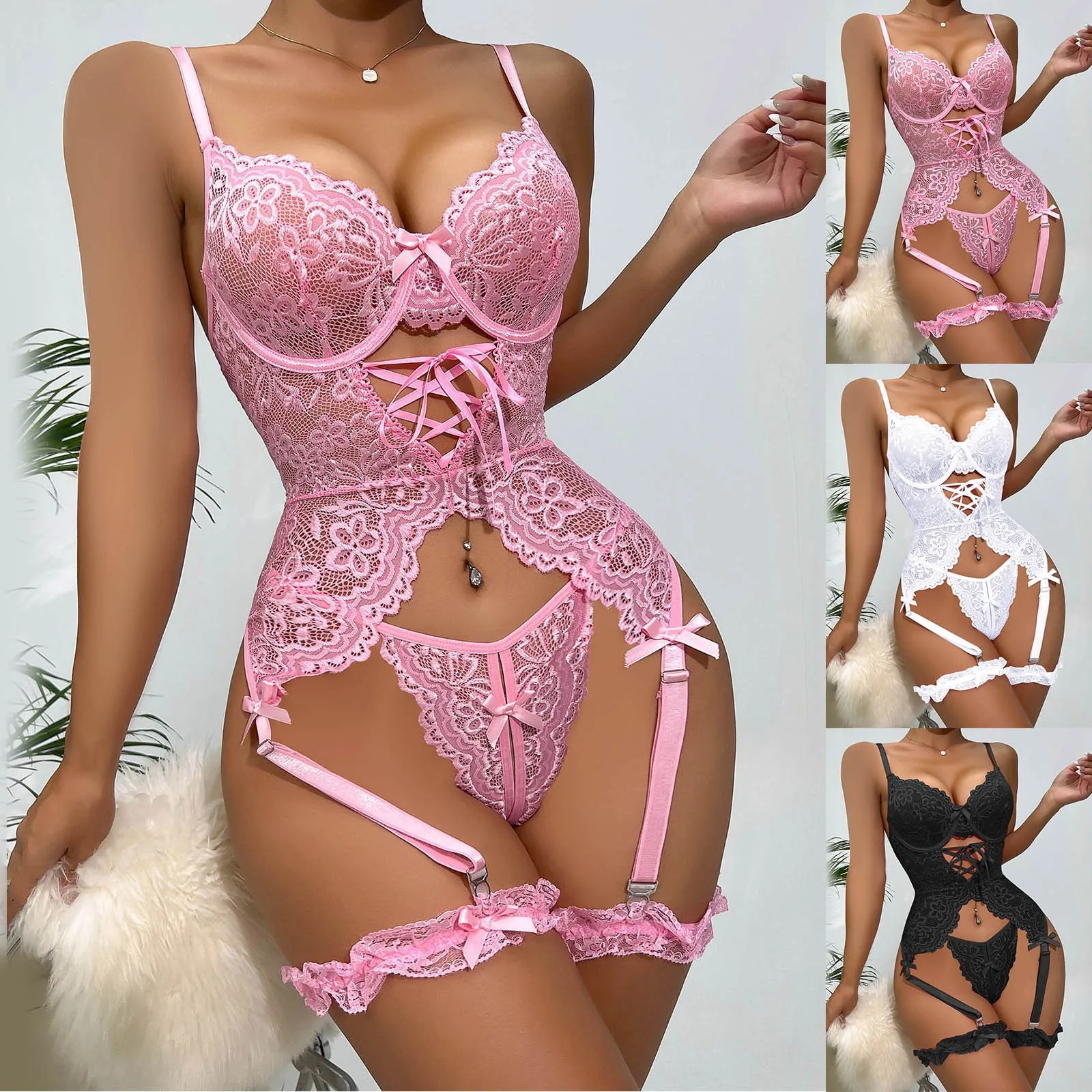 

Sexy Crotchless Lingerie Women Lace Hollow Bodysuit Erotic Pajamas Teddy Babydoll Dress Deep V Open Bra Porn Underwear Set