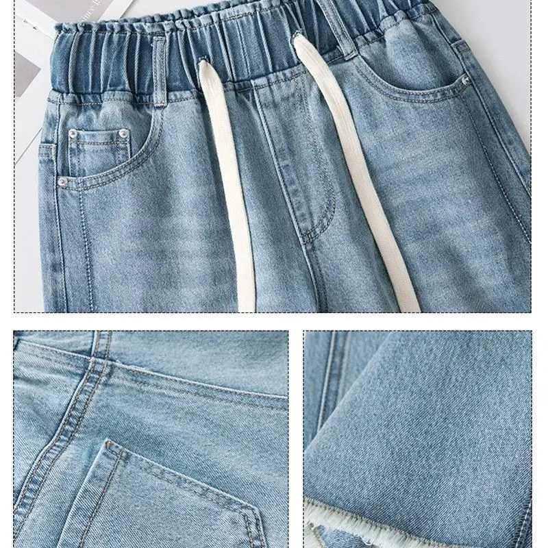 Jeans femininos de cintura elástica com pernas largas – calças jeans cortadas retas de cintura alta para conforto e estilo casual de verão