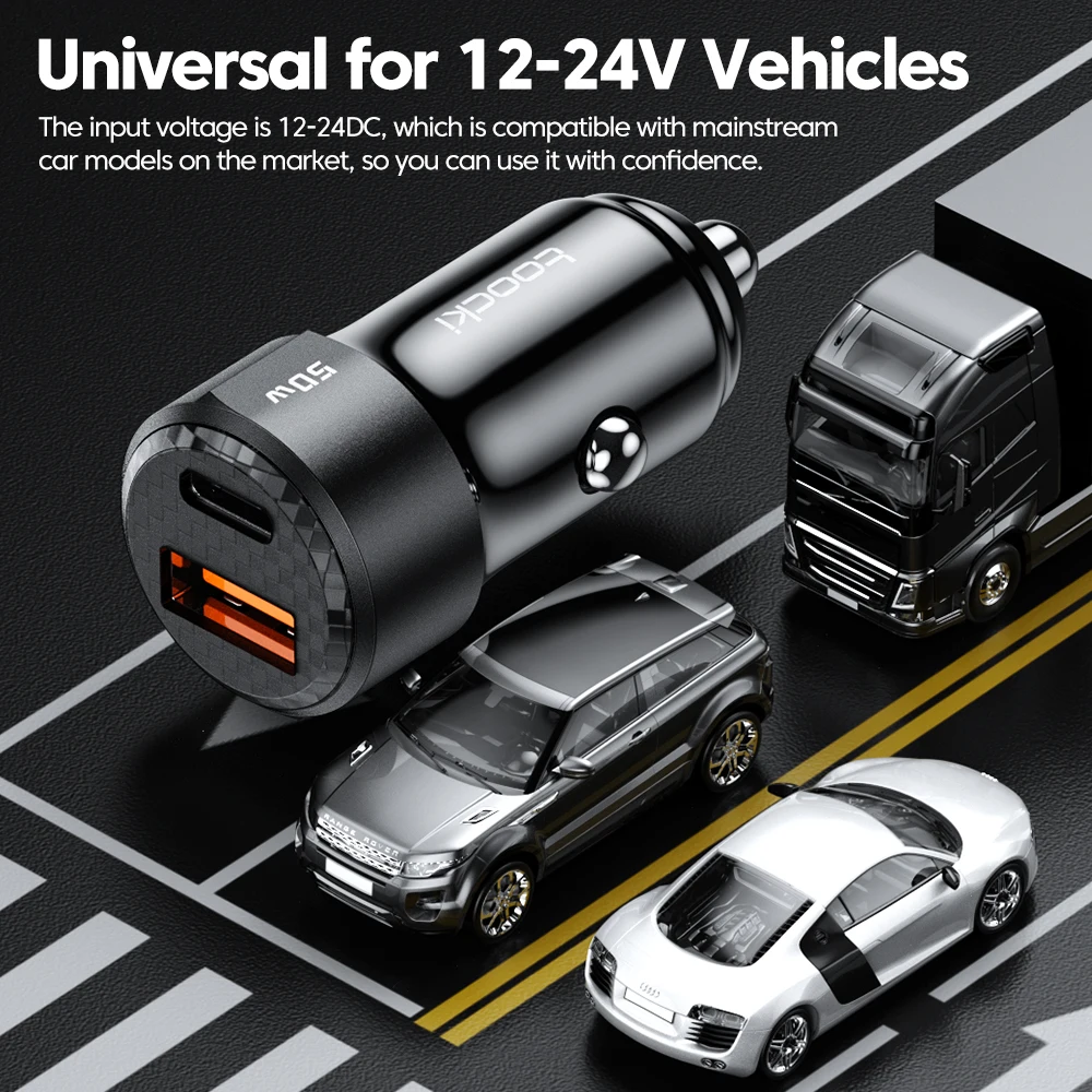 Toocki USB Tipo C Carregador de Carro, Carregamento Rápido, Carregamento Rápido 4.0, 50W, QC, PD 3.0, iPhone 12, 13, 14, Huawei, Samsung, Xiaomi, POCO