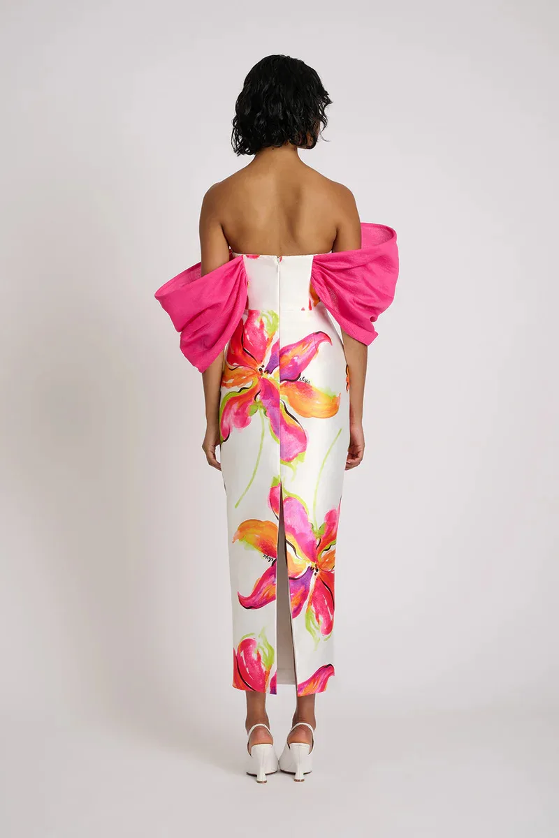 Printed Pink Prom Dress Sexy Off Shoulder Short Sleeves Long Sheath Party Gown Formal Wedding Guest Birthday Evening Robe