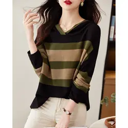 Damen Herbst Winter neue Mode elegante Kapuzen streifen Kontrast farbe lässig vielseitig Langarm lose Pullover Strick oberteile