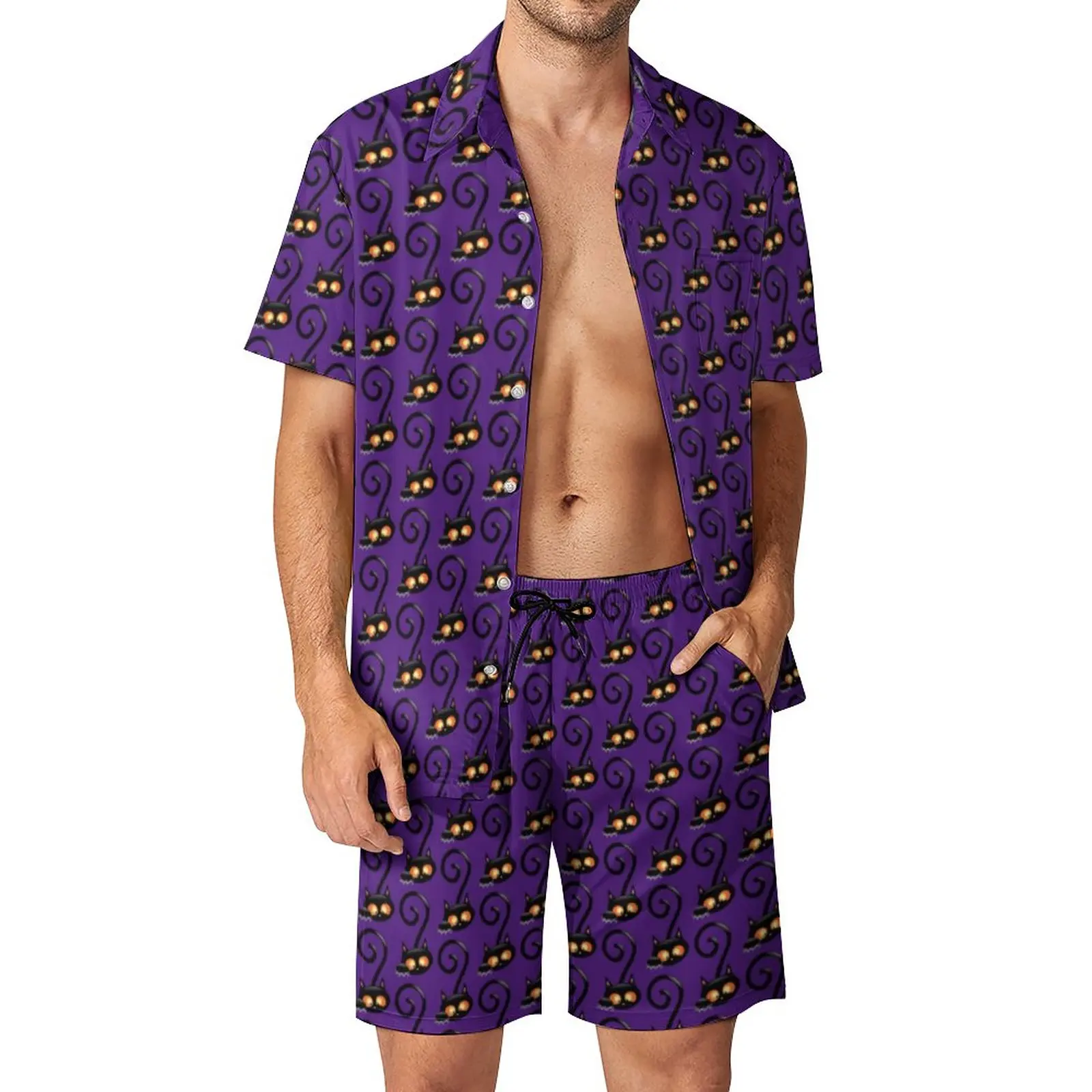 New Spooky Black Cat Men Sets Halloween 3D Print Casual Shirt Set Hawaiian Beachwear Shorts Summer Graphic Suit 2 Piece Clothing