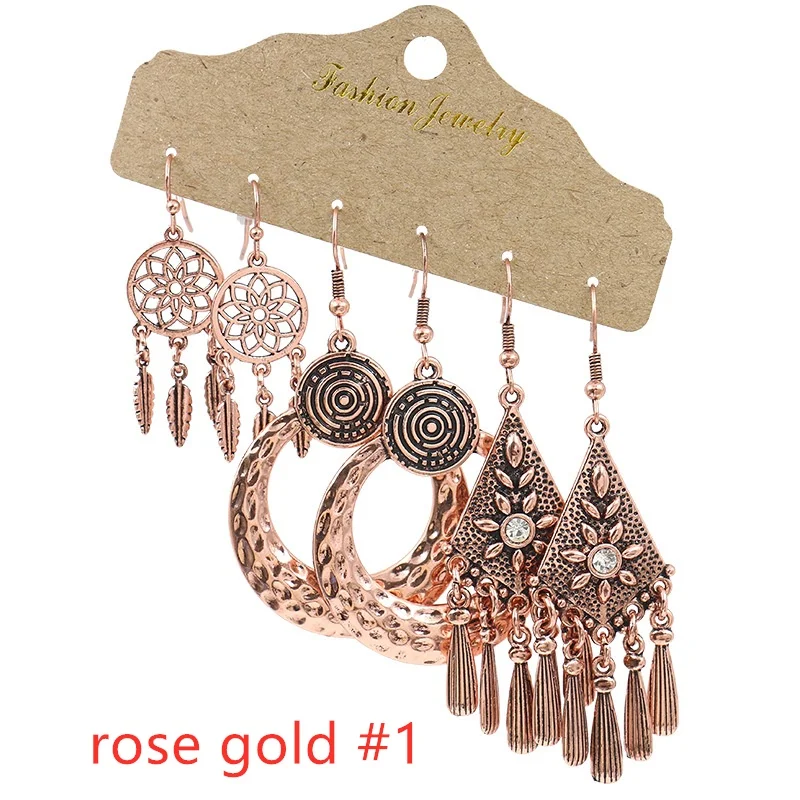 3Pairs Women's Fashion Jewelry Vintage Bohemian Ethnic Carved Dangle Earrings for Women Wedding Engagement Party Banquet Earring view 2