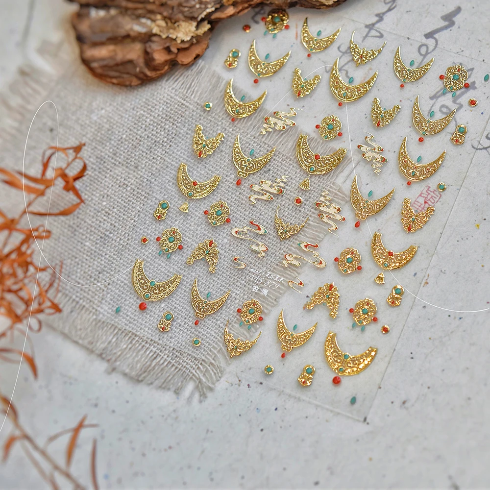 5D Gold French Tip Nail Stickers Dunhuang Turquoise Cloud Crescent Moon Self Adhesive Nail Decoration Decals DIY Luxury Manicure