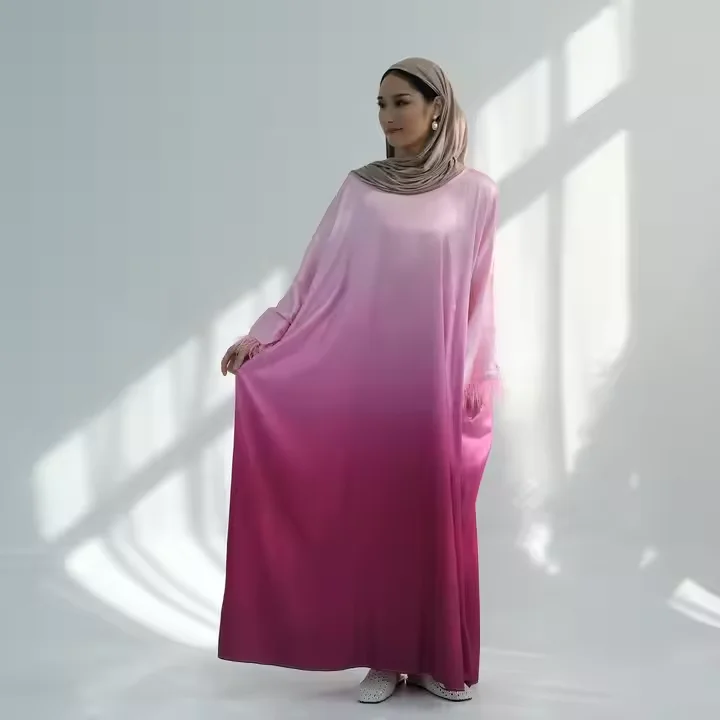 

Gradient Batwing Butterfly Sleeve Satin Abaya Dubai Luxury Muslim Kaftan Dress for Women Kebaya Caftan Marocain Femme Vestidos