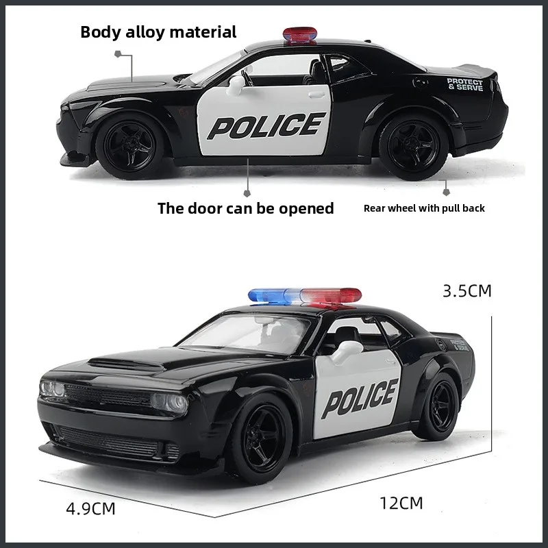 Simulation 1/36 Scale Dodge Challenger Police Car Alloy Model Pull Back Miniature Voiture Ornaments Home Decor Boy Car Toy Gift