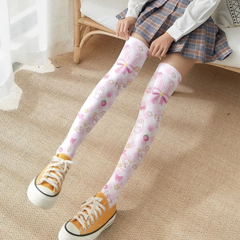 Women Lolita Cartoon Rabbit for Cat Printed Thigh High Stockings Japanese Anime Kawaii Strawberry Bow Cosplay Over Knee Long Soc