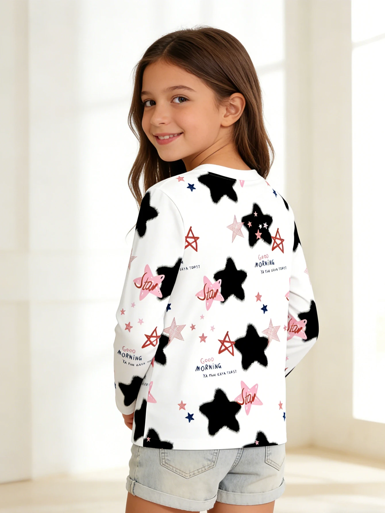 2026 Girls' long-sleeved T-shirt with white stars and casual crew neck top