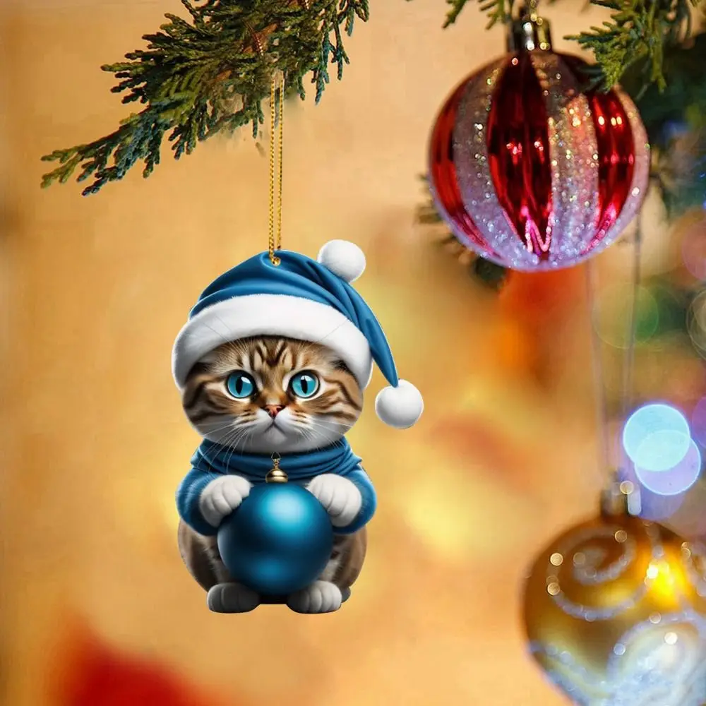 2D Christmas Cat Ornaments Decorative Acrylic Christmas Tree Hanging Pendant Hanging 8cm Cat Hanging Decoration Xmas