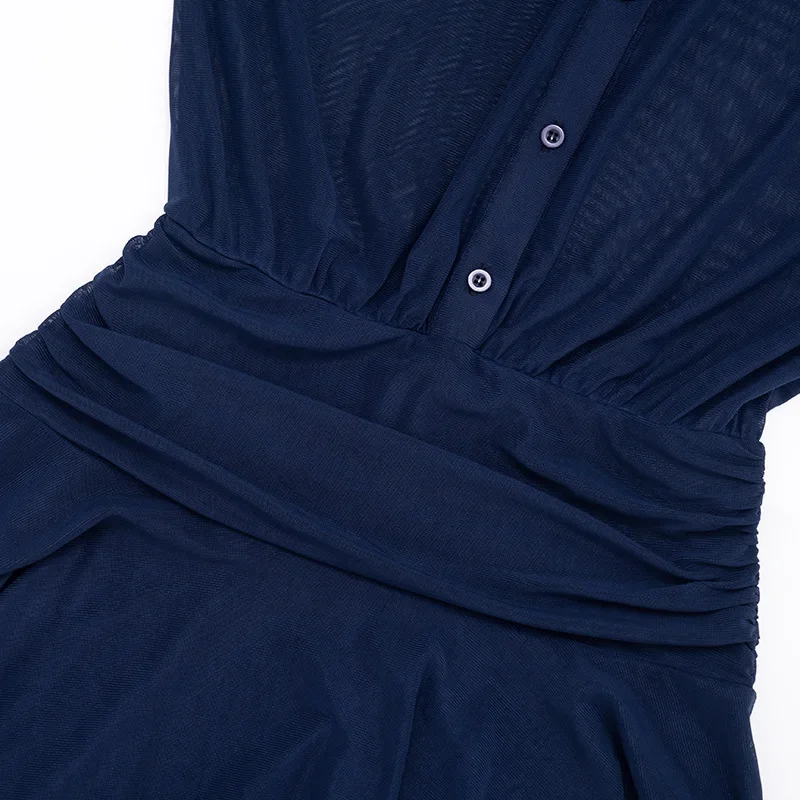 See Through Mesh Ruffles Mini Dress Women Fashion Turn Down Collar Long Sleeve Single Breasted Shirt Ruched Casual Streetwear