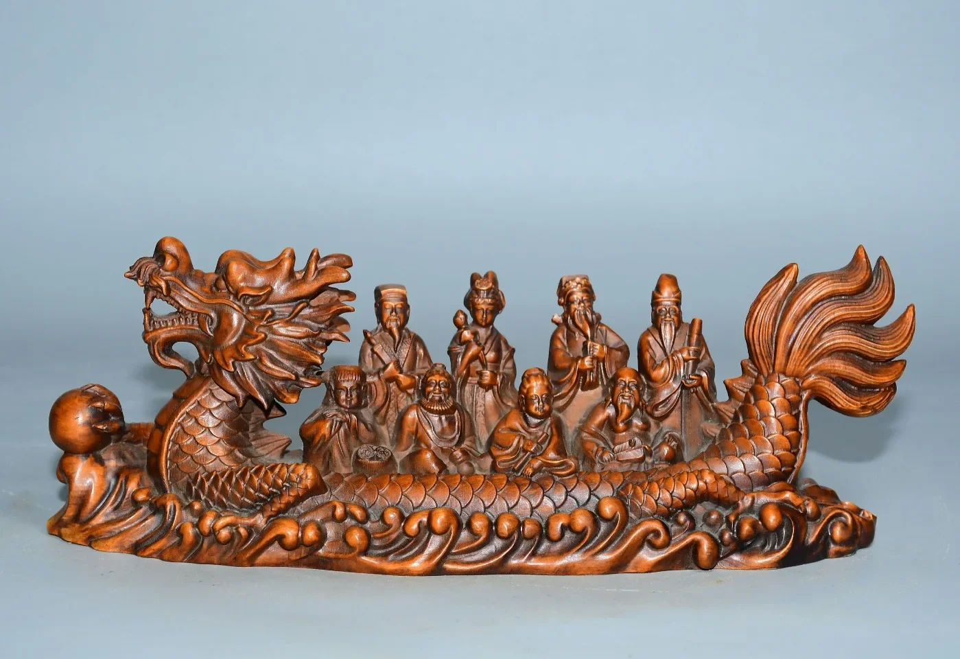 Old Xizang Folk Collection Old Boxwood Eight Immortals Loong Boat Statue screen Amass wealth Ornaments Worship Hall Town house