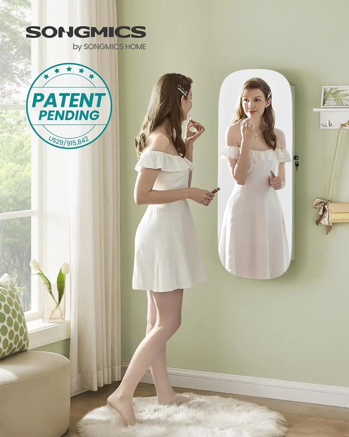 منظم المجوهرات، خزانة مجوهرات LED مثبتة على الحائط/الباب، مرآة واسعة مستديرة مع مساحة تخزين، مرآة داخلية #2