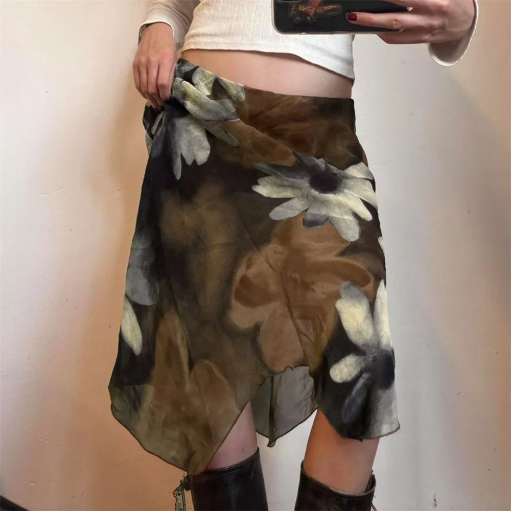 Y2k Floral Print Midi Skirt Women Vintage Low Waist Irregular Hem Chiffon Skirts Summer Casual Streetwear Party Aesthetic Skirt