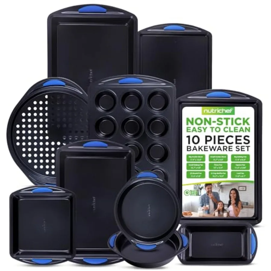 

10-Piece Nonstick Bakeware Set - Heavy Duty Carbon Steel Baking Trays w/Silicone Handles - Includes Cookie Sheets 12-Cup Muffin