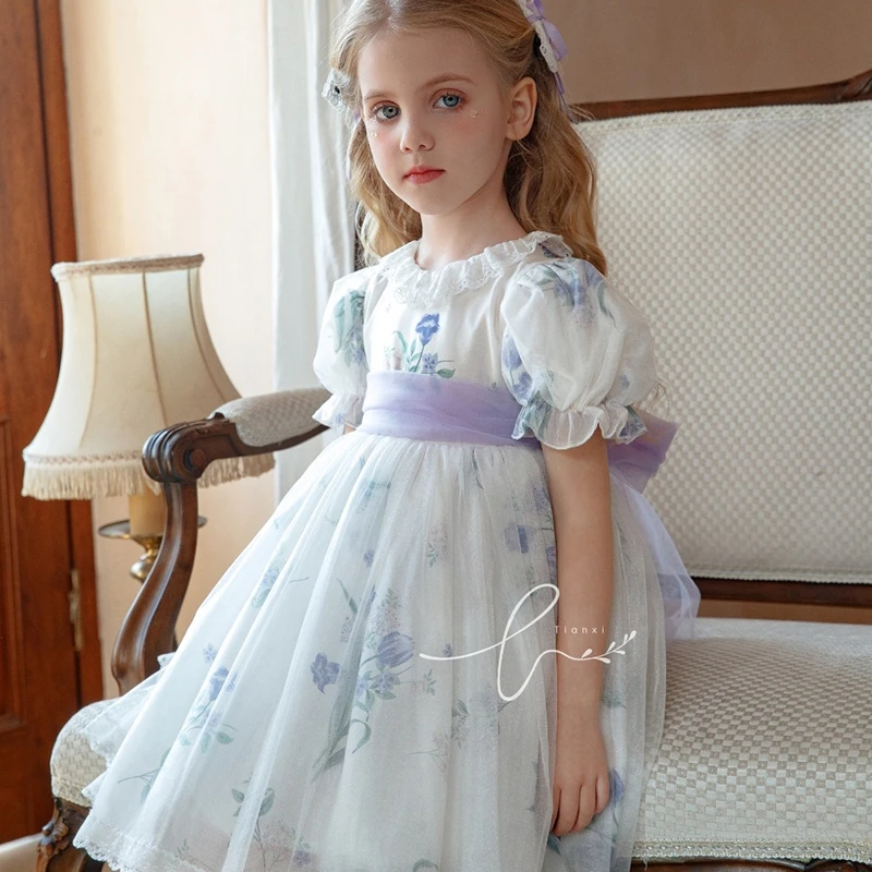 Summer New Flower Girls Princess Dress Chiffon Flower Mesh Bubble Sleeve Dress Spanish Kids Handmade Boutique Dress