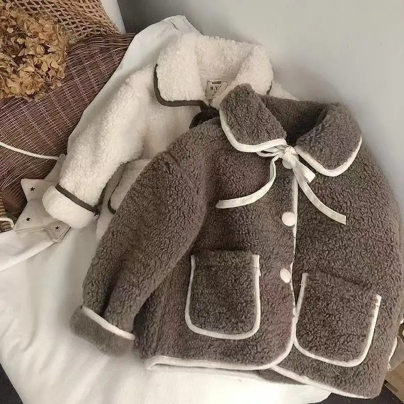 

2025 New Baby Girls Winter Coat Lamb Wool Turtleneck Jacket Spring and Autumn Children's Toddler Child Warm Sheep Like Coat