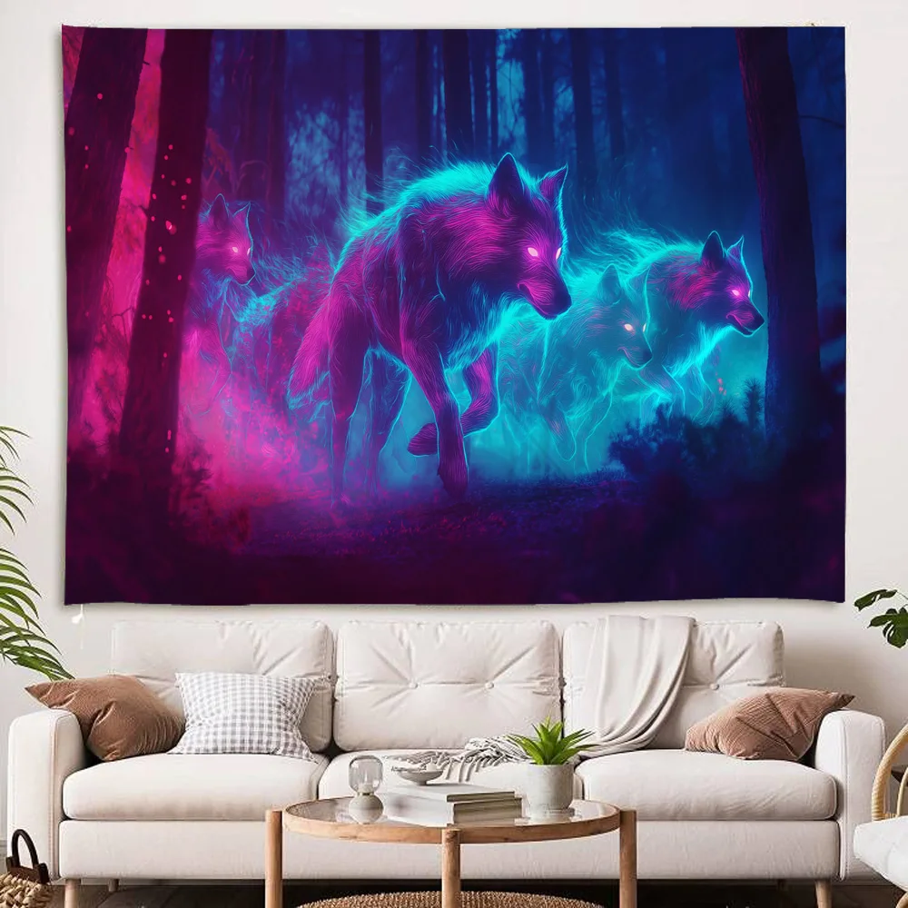 

Mysterious Wolf Tapestry psychedelic Night Scene Wall Hanging Bohemian Witchcraft Background Poster Home Decoration Carpet