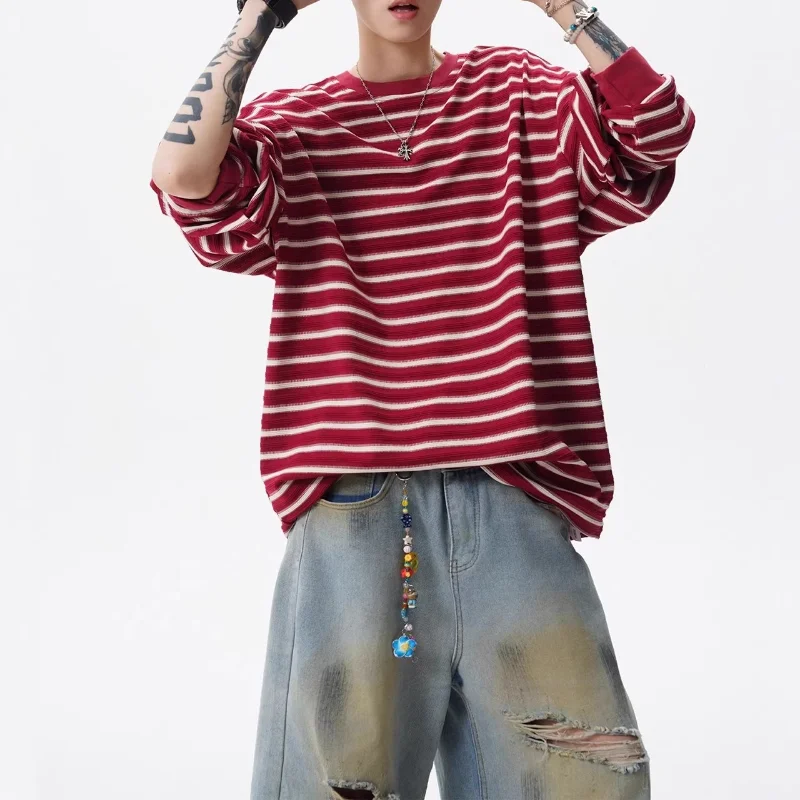 

Striped Long-sleeved T-shirt Men's Spring Contrasting Color Couple Top Versatile Crew Neck Bottoming Shirt