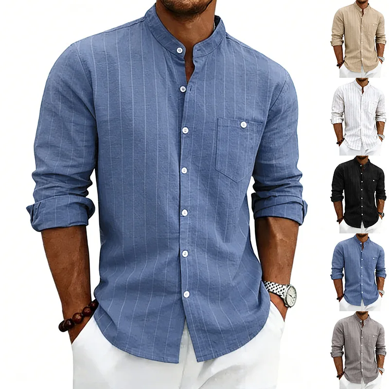 

2026 Spring Summer Men Shirt Linen Stand Collar Striped Long Sleeve Blouse Top